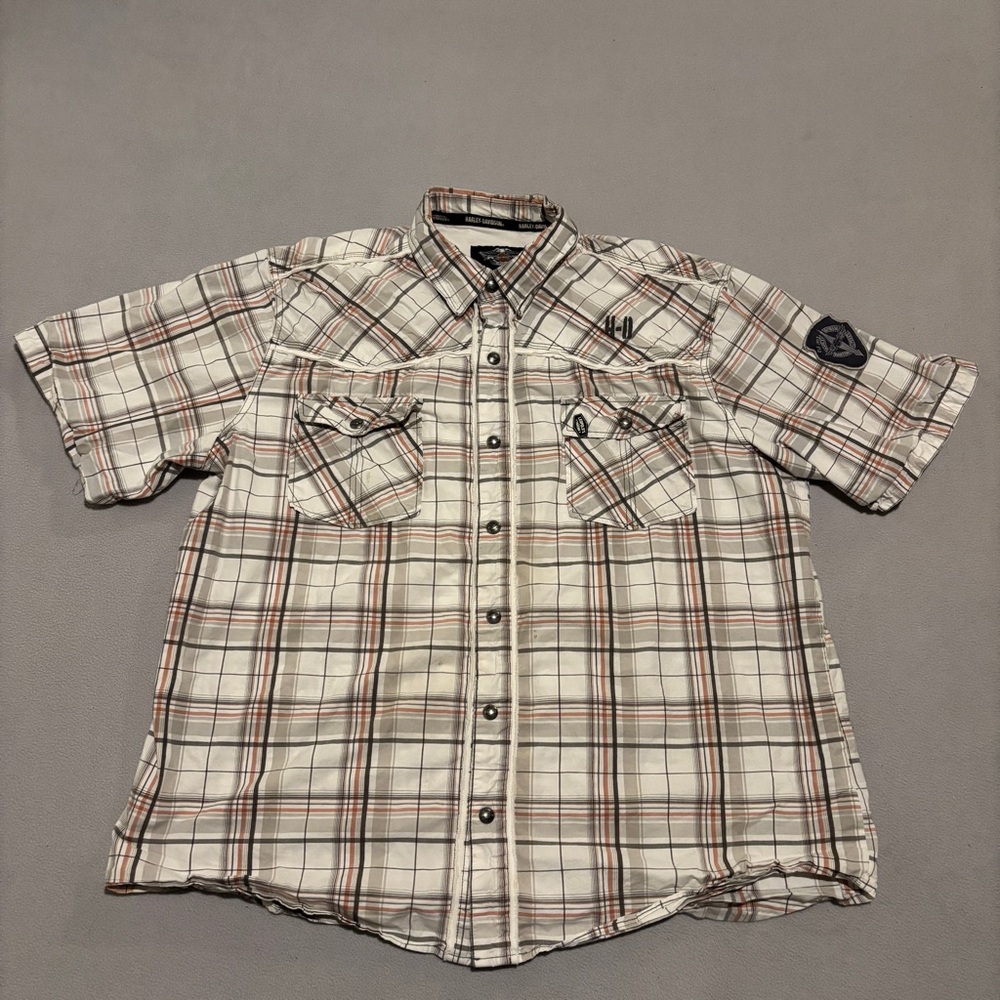 Harley Davidson Shirts 2XL XXL Cream Plaid‎ Shorts Sleeves Biker Snap Buttons